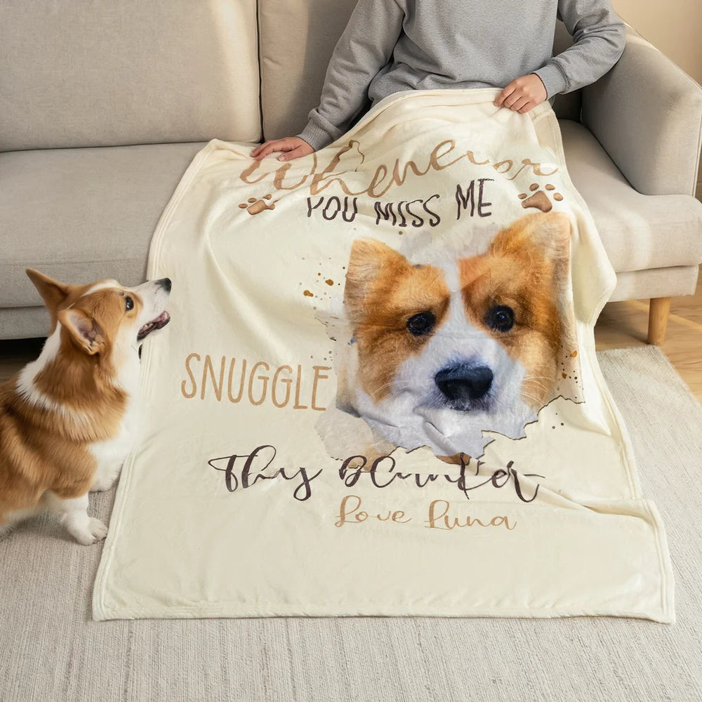 【Customizable】Personalized Whenever You Miss Me Snuggle This Pet Photo Soft Blanket with Name Sympathy Memorial Birthday Gift for Pet Owners Lovers