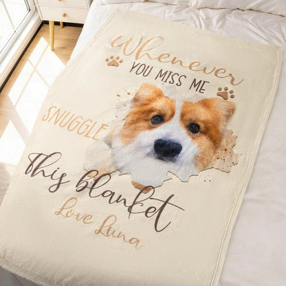 【Customizable】Personalized Whenever You Miss Me Snuggle This Pet Photo Soft Blanket with Name Sympathy Memorial Birthday Gift for Pet Owners Lovers