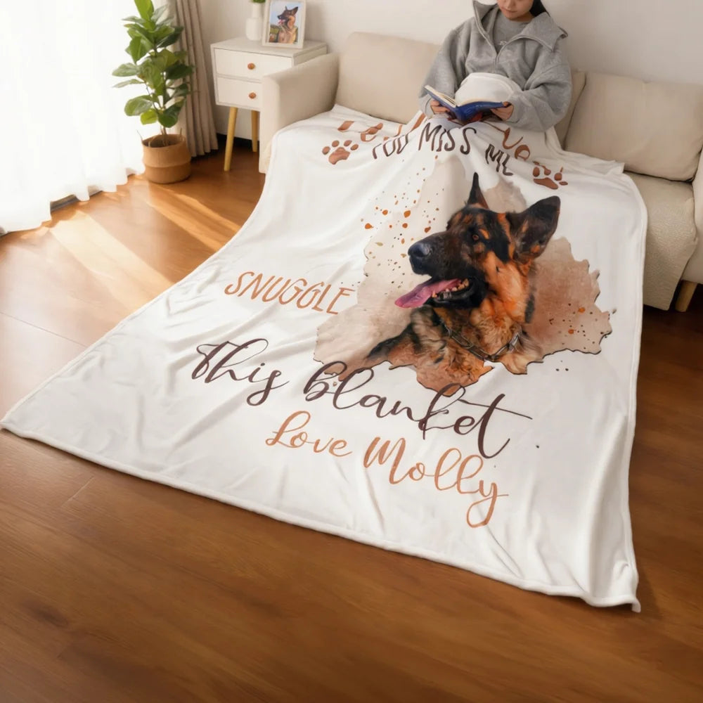 【Customizable】Personalized Whenever You Miss Me Snuggle This Pet Photo Soft Blanket with Name Sympathy Memorial Birthday Gift for Pet Owners Lovers